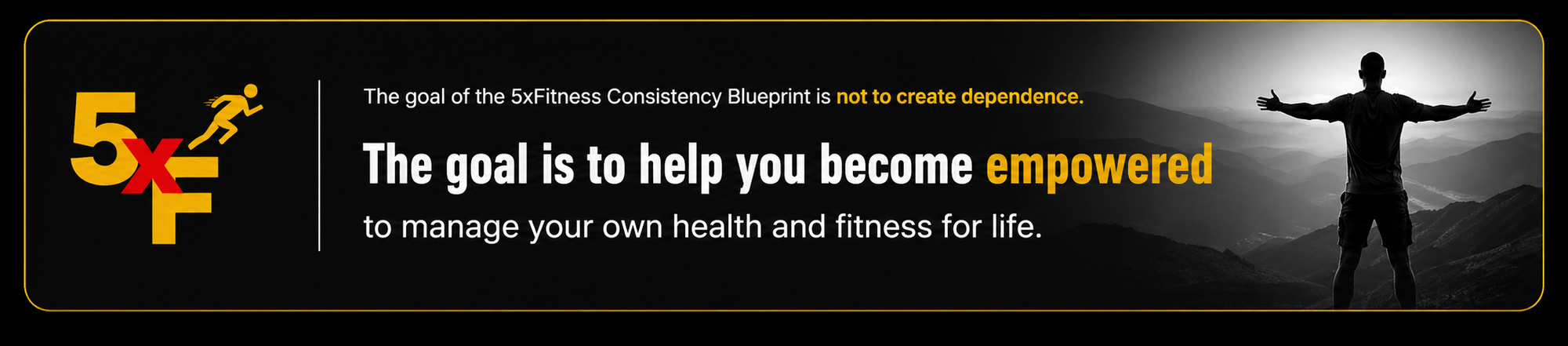 A promotional banner with the 5xFitness logo on the left and motivational text about empowerment and health/fitness, alongside a black silhouette of a person with outstretched arms against a bright sky and mountain scene on the right.